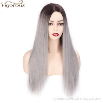 Vigorous Ombre Gray Long Silky Straight Middle Part Wigs Middle Part Synthetic Wig Heat Resistant Fiber Wig For Women